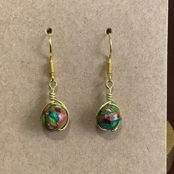 Handmade wire wrapped red & green imperial jasper bead earrings - Picture 3 of 3